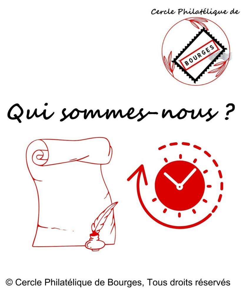 Qui sommes-nous ? avec logo de l'association, un parchemin qui illustre le récit et le temps remonté pour retracer l'histoire du CPB. © Cercle Philatélique de Bourges, tous droits réservés.
