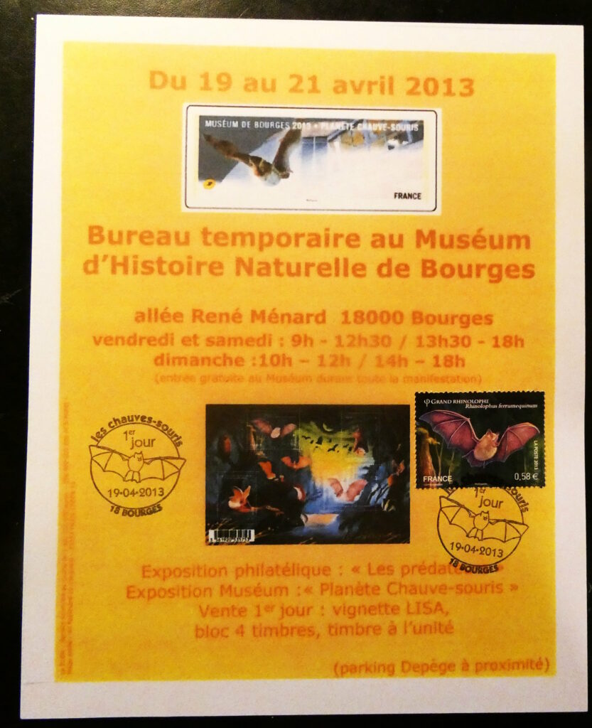 Affiche montrant l'exposition au muséum de 19 au 21 Avril 2013 avec des oblitérations du premier jour. © Cercle Philatélique de Bourges, tous droits réservés.