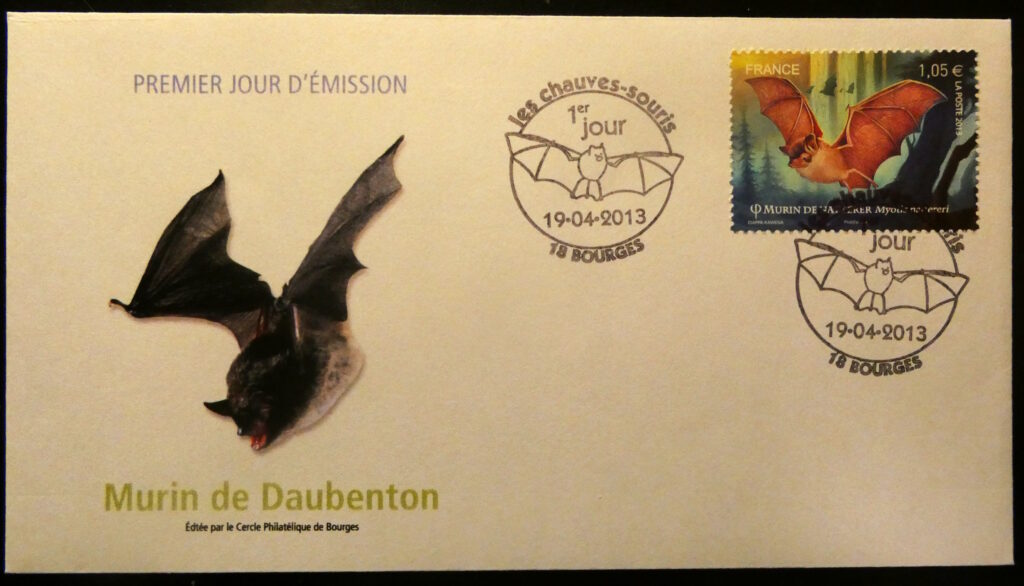 Enveloppe de timbre premier jour d'émission montrant une Murin de Daubenton. © Cercle Philatélique de Bourges, tous droits réservés.