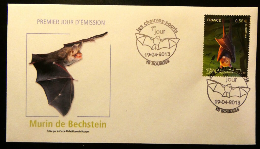 Enveloppe de timbre premier jour d'émission montrant une Murin de Bechstein. © Cercle Philatélique de Bourges, tous droits réservés.