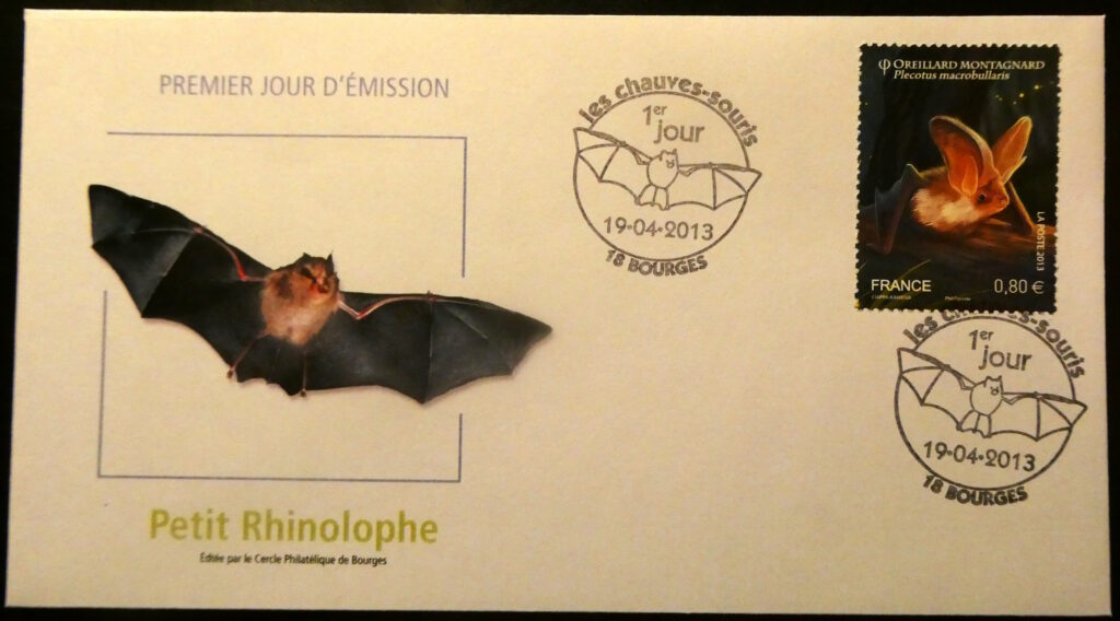Enveloppe de timbre premier jour d'émission montrant une Petit Rhinolophe. © Cercle Philatélique de Bourges, tous droits réservés.