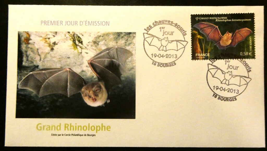 Enveloppe de timbre premier jour d'émission montrant un Grand Rhinolophe. © Cercle Philatélique de Bourges, tous droits réservés.