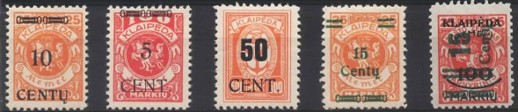 Timbres Memel émis le 16 Avril 1923 (quelques-unes des 71 valeur émises)